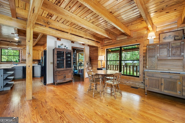 dining space featuring light wood-type flooring, wood ceiling, plenty of natural light, and beam ceiling