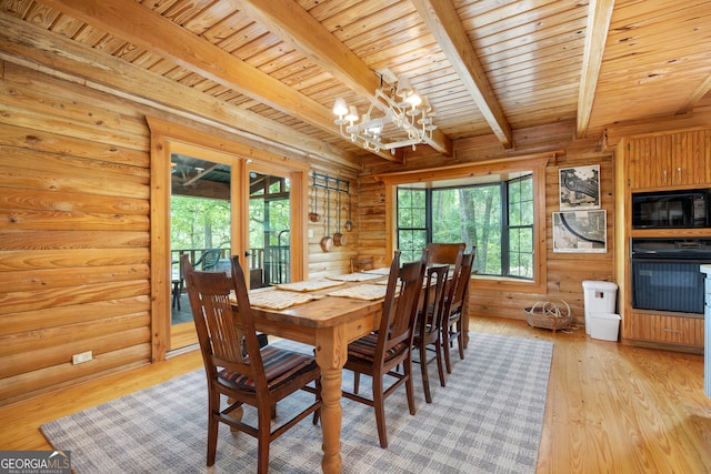 dining area with log walls, wooden ceiling, light wood-type flooring, a notable chandelier, and beamed ceiling