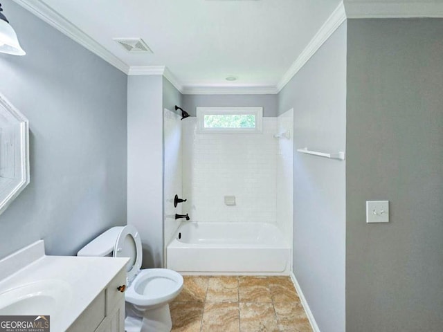 full bathroom with toilet, tiled shower / bath combo, vanity, and crown molding