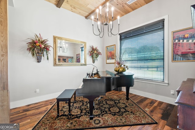 office area featuring a notable chandelier, wood-type flooring, and wood ceiling