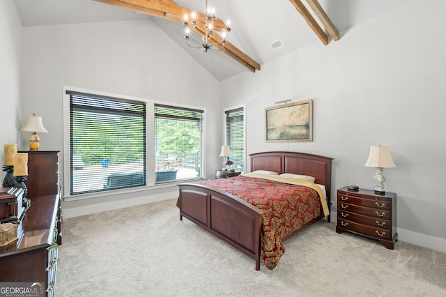 bedroom with high vaulted ceiling, beamed ceiling, carpet, and a notable chandelier