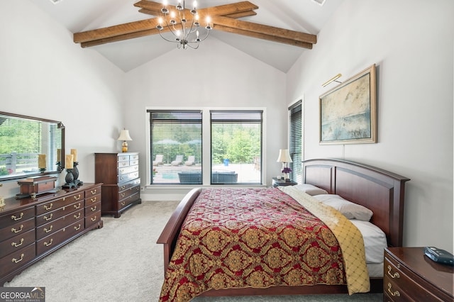 carpeted bedroom with beamed ceiling, multiple windows, and high vaulted ceiling