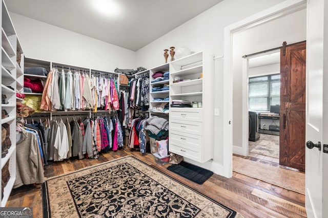 spacious closet with dark hardwood / wood-style flooring and a barn door