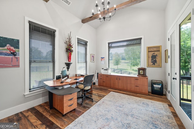 office with an inviting chandelier, high vaulted ceiling, and dark wood-type flooring