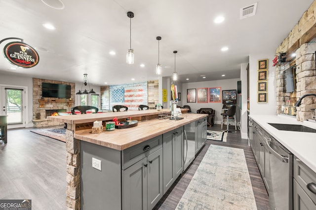 kitchen featuring sink, stainless steel dishwasher, and dark wood-type flooring