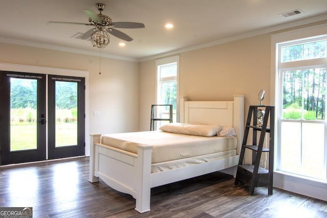 bedroom with visible vents, dark wood finished floors, access to outside, crown molding, and recessed lighting