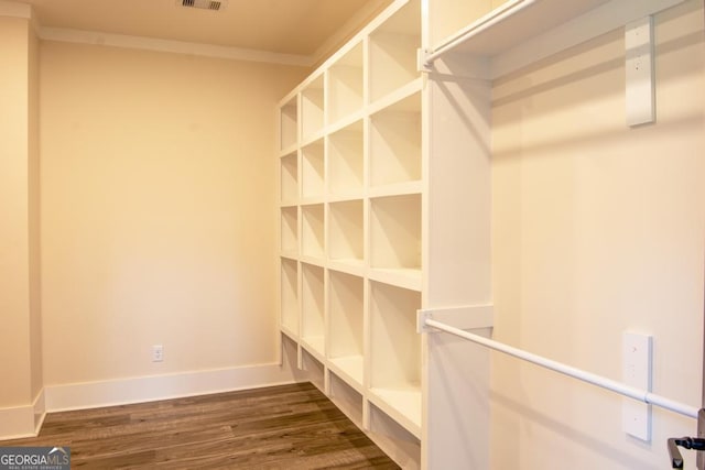 walk in closet with dark wood finished floors and visible vents