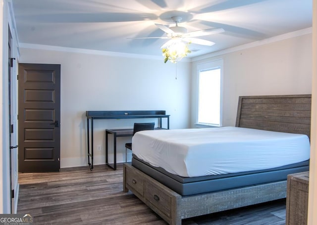 bedroom with ornamental molding, dark wood-type flooring, ceiling fan, and baseboards