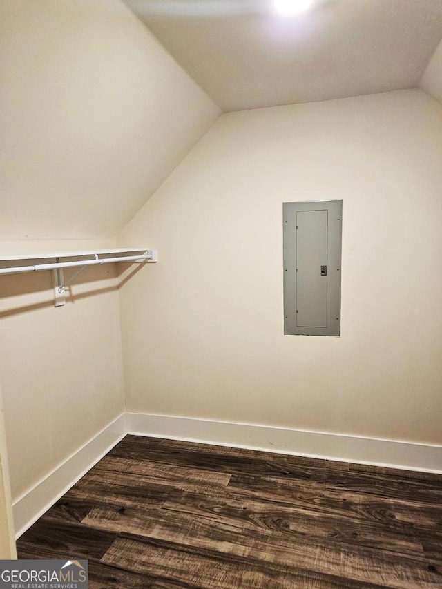 walk in closet featuring lofted ceiling, wood finished floors, and electric panel