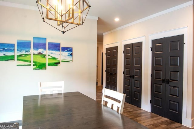 unfurnished dining area with ornamental molding, recessed lighting, and dark wood-style flooring