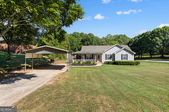 single story home featuring a front lawn, a carport, and a porch