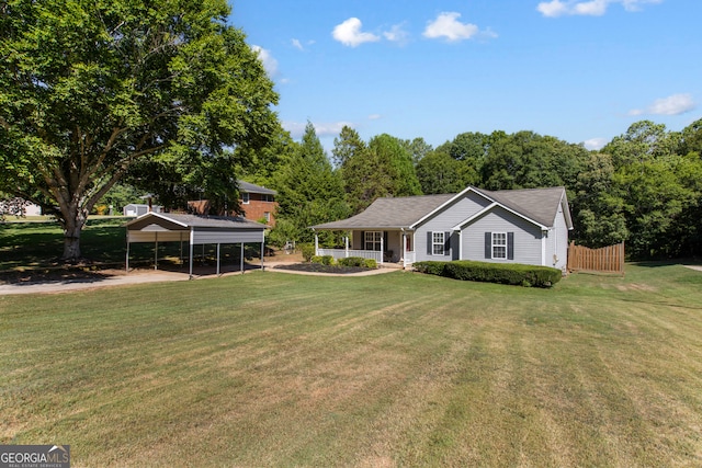 single story home featuring a front lawn, a carport, and covered porch