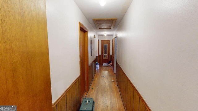 5110 Macland Rd, Powder Springs, GA 30127 - hall featuring attic access, light wood-style floors, and a wainscoted wall