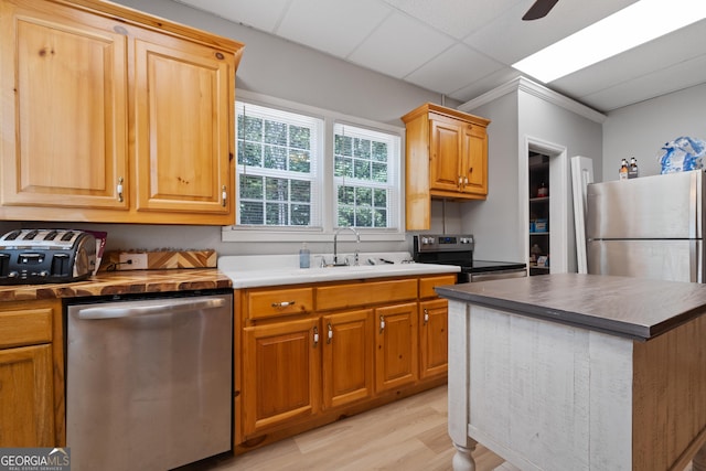 kitchen featuring light hardwood / wood-style flooring, stainless steel appliances, a skylight, ceiling fan, and sink