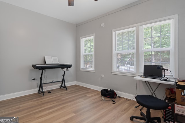 office area featuring ceiling fan, a healthy amount of sunlight, and hardwood / wood-style floors