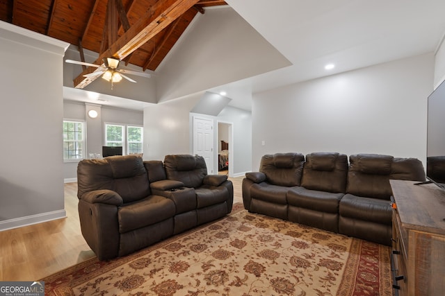 living room featuring wood ceiling, ceiling fan, high vaulted ceiling, hardwood / wood-style flooring, and beam ceiling