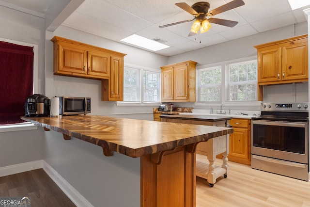 kitchen with light hardwood / wood-style flooring, stainless steel appliances, wooden counters, and kitchen peninsula