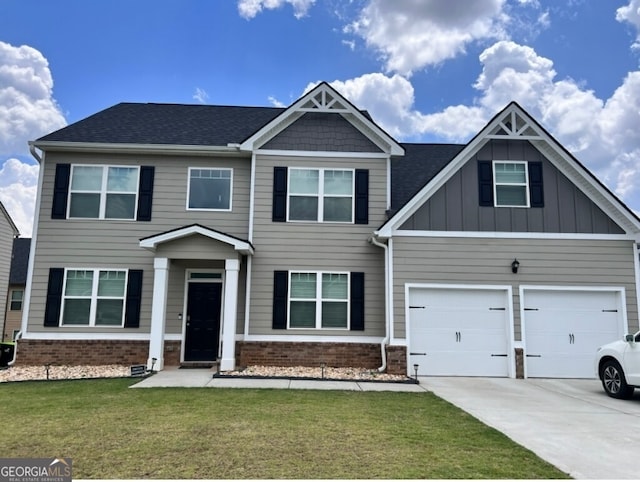 craftsman inspired home with a garage, a front lawn, and cooling unit