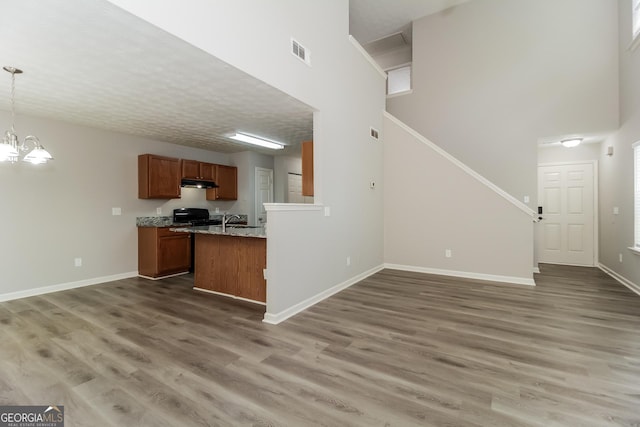 kitchen featuring a high ceiling, hanging light fixtures, range, and dark hardwood / wood-style flooring