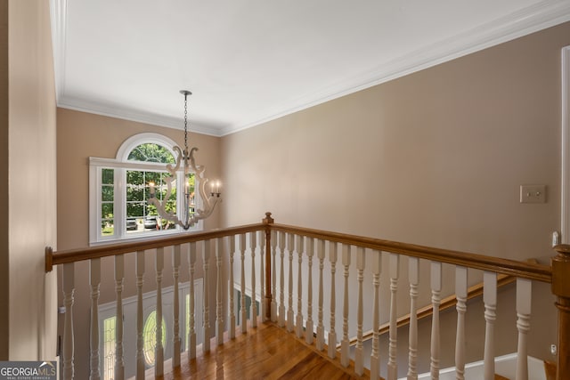 corridor with hardwood / wood-style floors, a notable chandelier, and ornamental molding