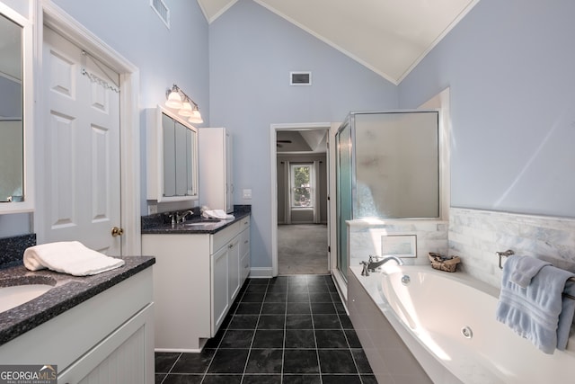 bathroom featuring independent shower and bath, dual vanity, tile patterned flooring, high vaulted ceiling, and ornamental molding