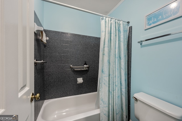 bathroom with toilet and shower / bathtub combination with curtain