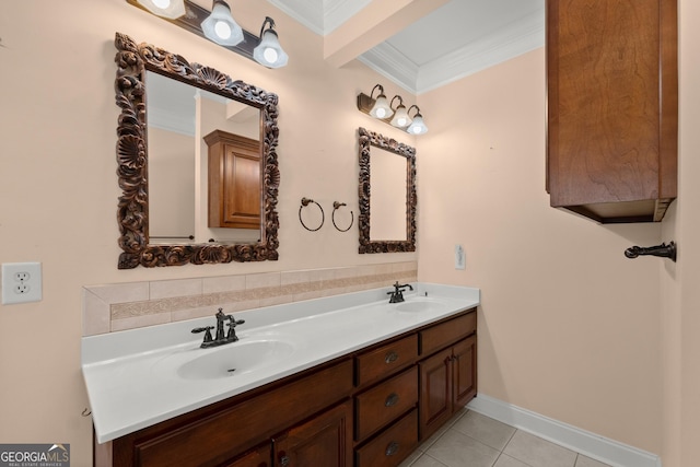 bathroom featuring tile patterned flooring, vanity, and ornamental molding