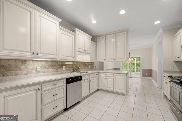 kitchen with white cabinets, stainless steel appliances, ornamental molding, and sink