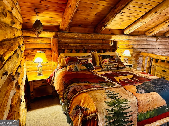 bedroom with log walls, beamed ceiling, and wood ceiling