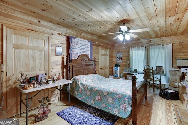 bedroom featuring light hardwood / wood-style floors, ceiling fan, wooden ceiling, and wood walls