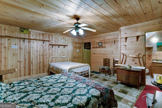 bedroom featuring ceiling fan, wood ceiling, and wood walls