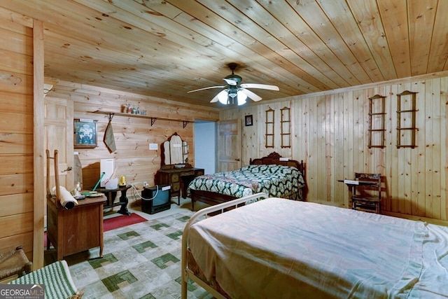 bedroom featuring ceiling fan, wooden ceiling, and wood walls