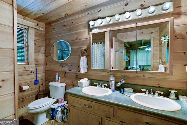 bathroom with vanity, wooden ceiling, toilet, and wooden walls