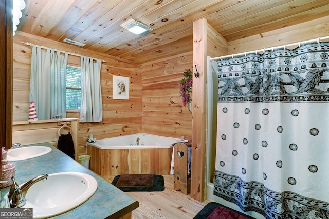 bathroom featuring vanity, wooden ceiling, plus walk in shower, wooden walls, and wood-type flooring