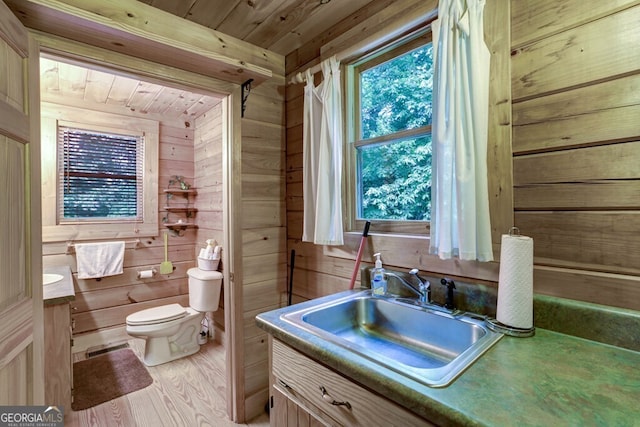 bathroom featuring vanity, hardwood / wood-style flooring, wooden ceiling, toilet, and wood walls