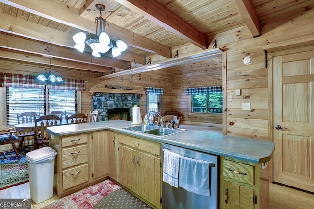 kitchen featuring beamed ceiling, an inviting chandelier, stainless steel dishwasher, and wood walls