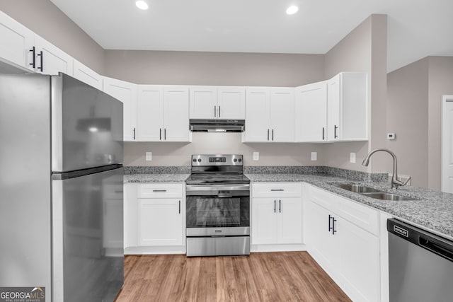 339 Gainesville, Carnesville, GA 30521 - kitchen with appliances with stainless steel finishes, under cabinet range hood, a sink, light wood-style floors, and light stone countertops