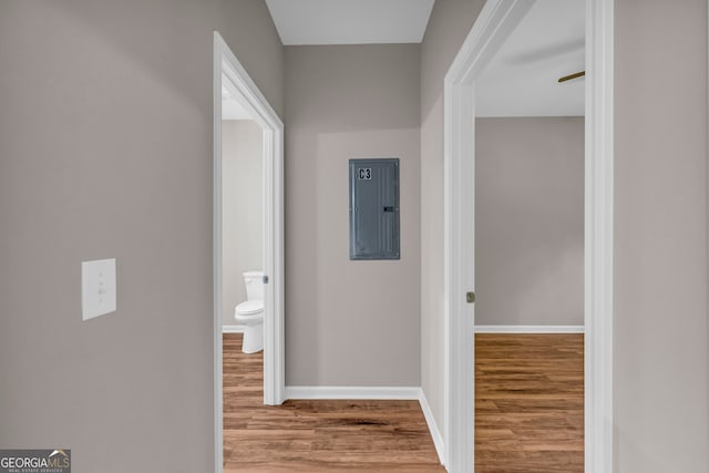 hall with hardwood / wood-style flooring and electric panel