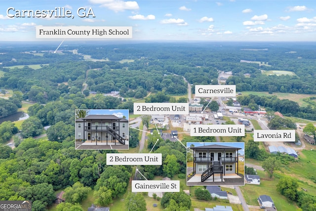 339 Gainesville, Carnesville, GA 30521 - aerial overview of property's location featuring property boundaries highlighted and a heavily wooded area