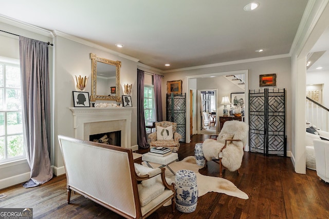 living room featuring hardwood / wood-style floors and crown molding