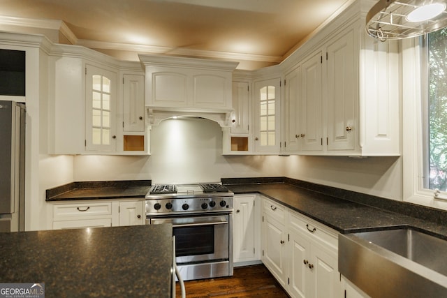 kitchen featuring dark hardwood / wood-style floors, white cabinetry, appliances with stainless steel finishes, ornamental molding, and sink