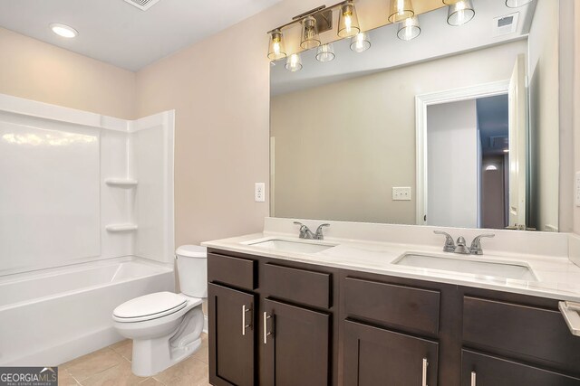 full bathroom with tile patterned flooring, vanity, toilet, and shower / bathing tub combination