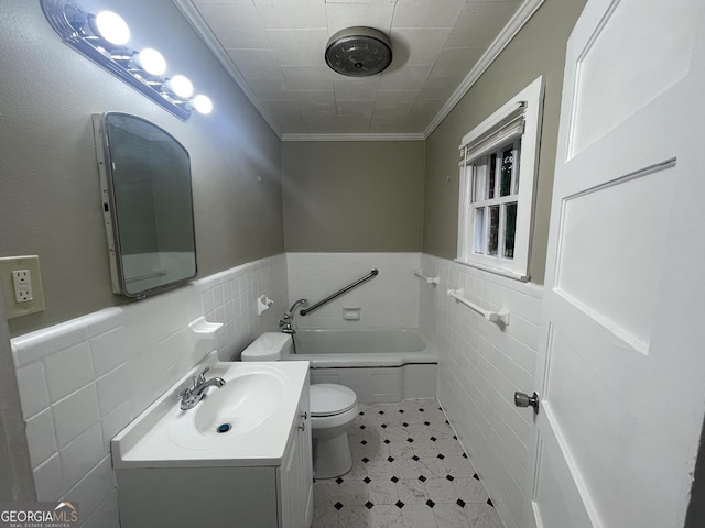 full bathroom featuring separate shower and tub, crown molding, toilet, vanity, and tile walls