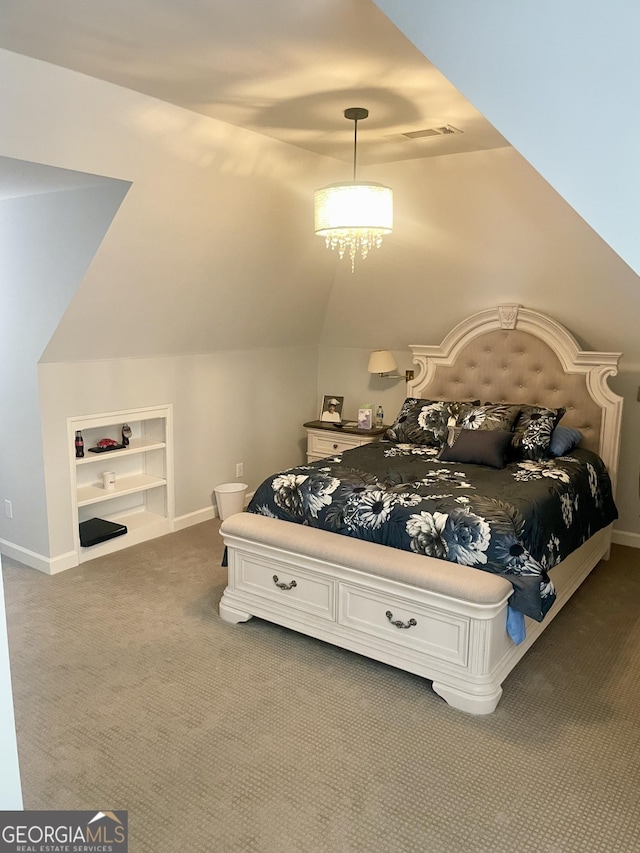 bedroom featuring lofted ceiling, baseboards, and dark carpet