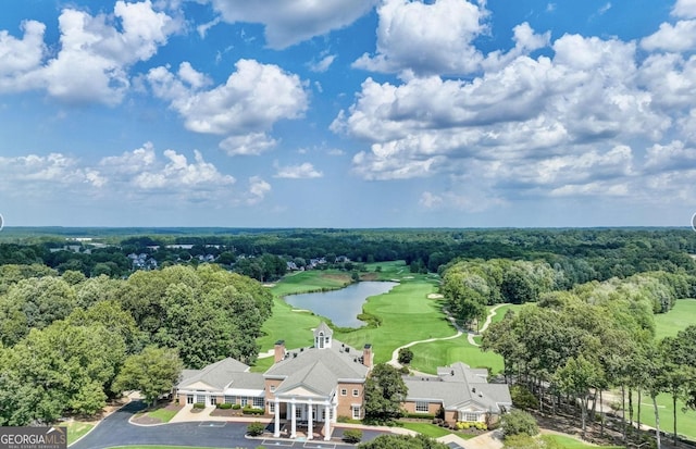 birds eye view of property with a water view and a forest view