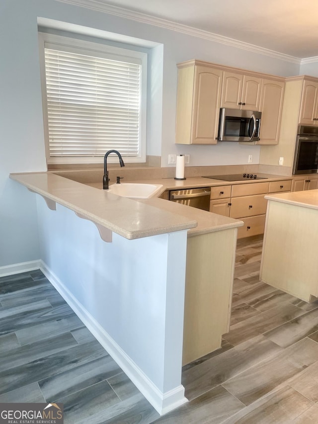 kitchen featuring crown molding, stainless steel appliances, light countertops, a sink, and a peninsula