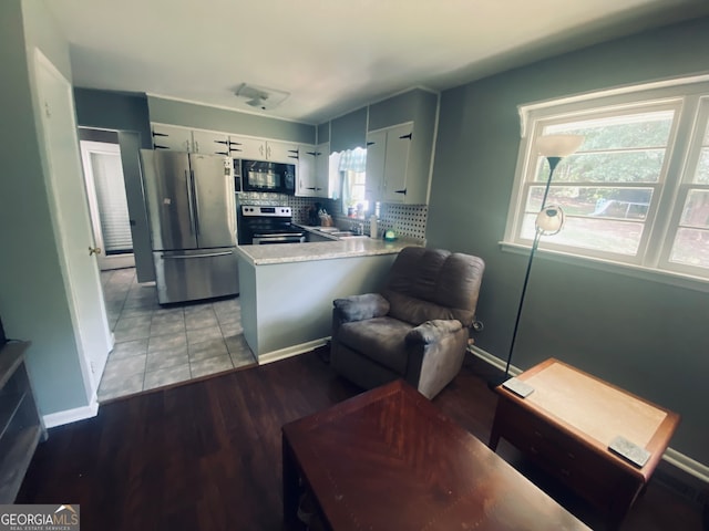 kitchen with a wealth of natural light, hardwood / wood-style flooring, backsplash, and stainless steel appliances