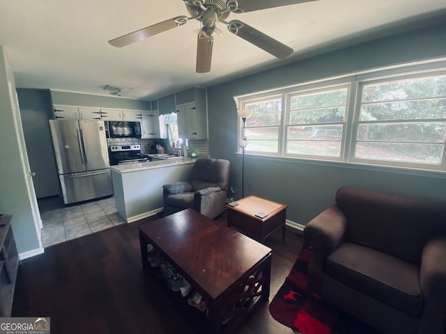 living room featuring ceiling fan and hardwood / wood-style flooring