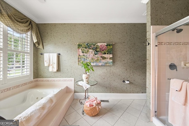 bathroom featuring crown molding, tile patterned flooring, and plus walk in shower