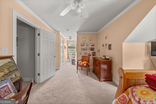 interior space featuring crown molding and ceiling fan